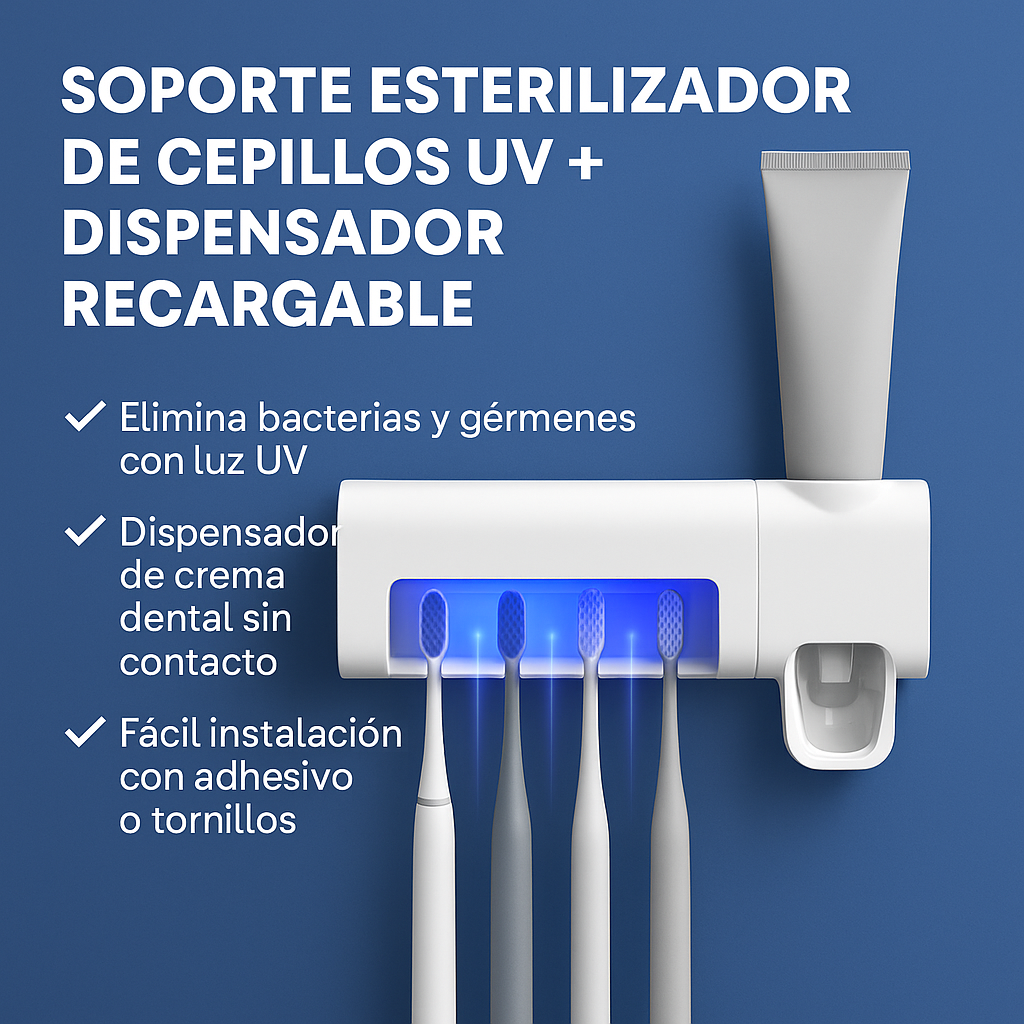 🦷 Soporte Esterilizador de Cepillos UV + Dispensador Recargable – Higiene y tecnología en un solo dispositivo