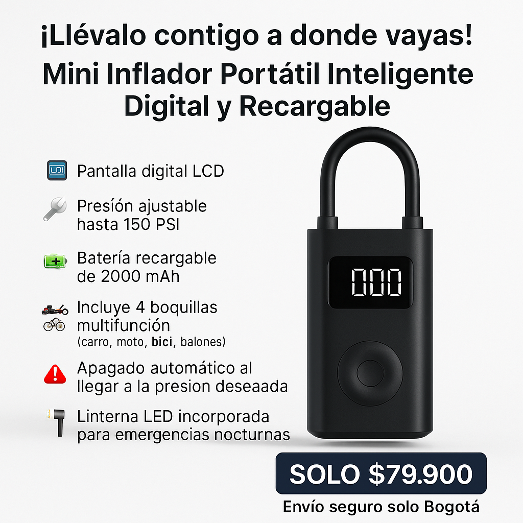 🔋 Mini Compresor Portátil Inteligente – Digital y Recargable