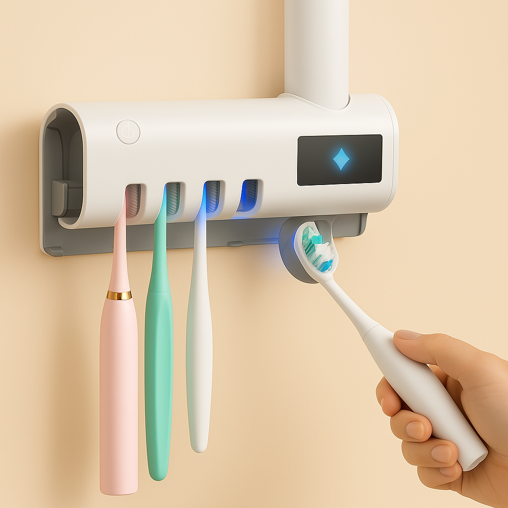 🦷 Soporte Esterilizador de Cepillos UV + Dispensador Recargable – Higiene y tecnología en un solo dispositivo