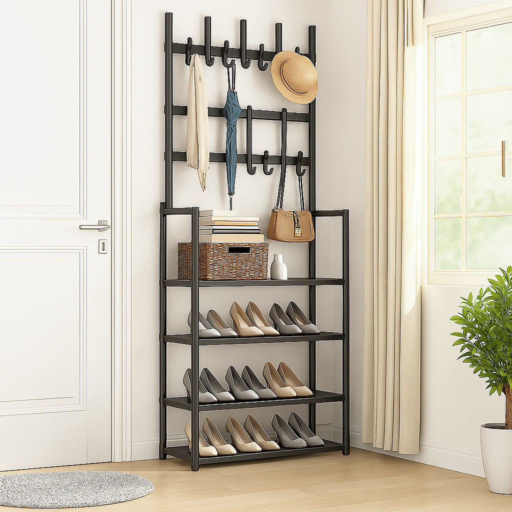 👚👟 Organizador de Ropa y Zapatos – Tendedero con Zapatero y Estante 3 en 1