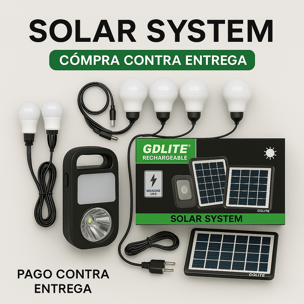 Kit Solar Portátil con Batería Recargable + 3 Bombillos LED de 3W + Carga USB 5V