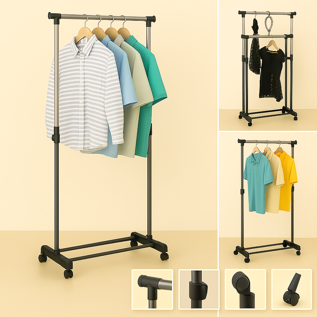 🟢 Tendedero – Perchero Plegable de Piso en Acero Inoxidable con Ruedas – Color Negro