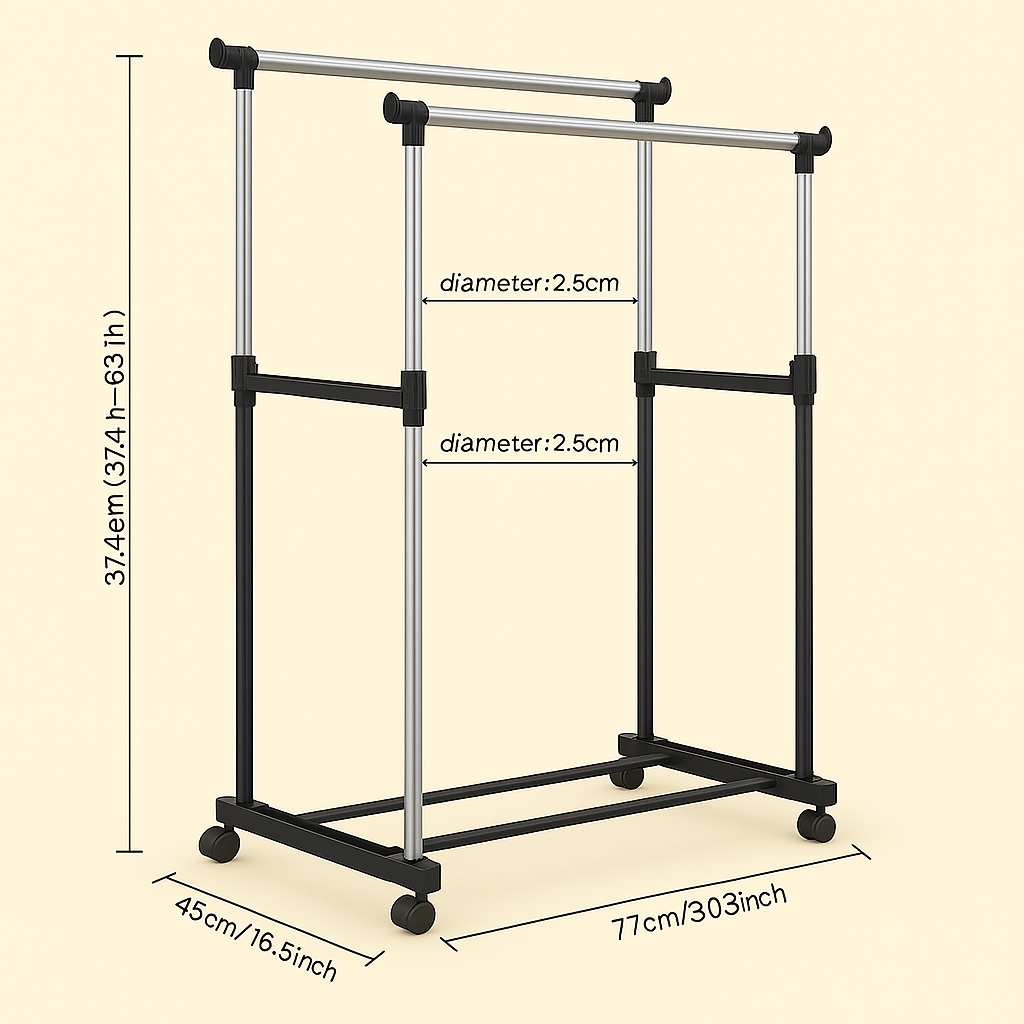 🟢 Tendedero – Perchero Plegable de Piso en Acero Inoxidable con Ruedas – Color Negro